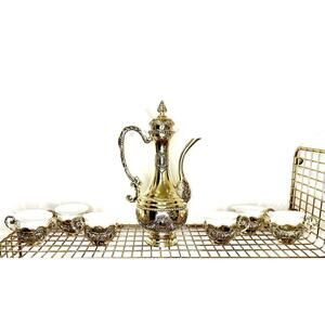 Vintage Style Gold & Silver Toned Oriental Coffee Pot with 6 Cups & Holders